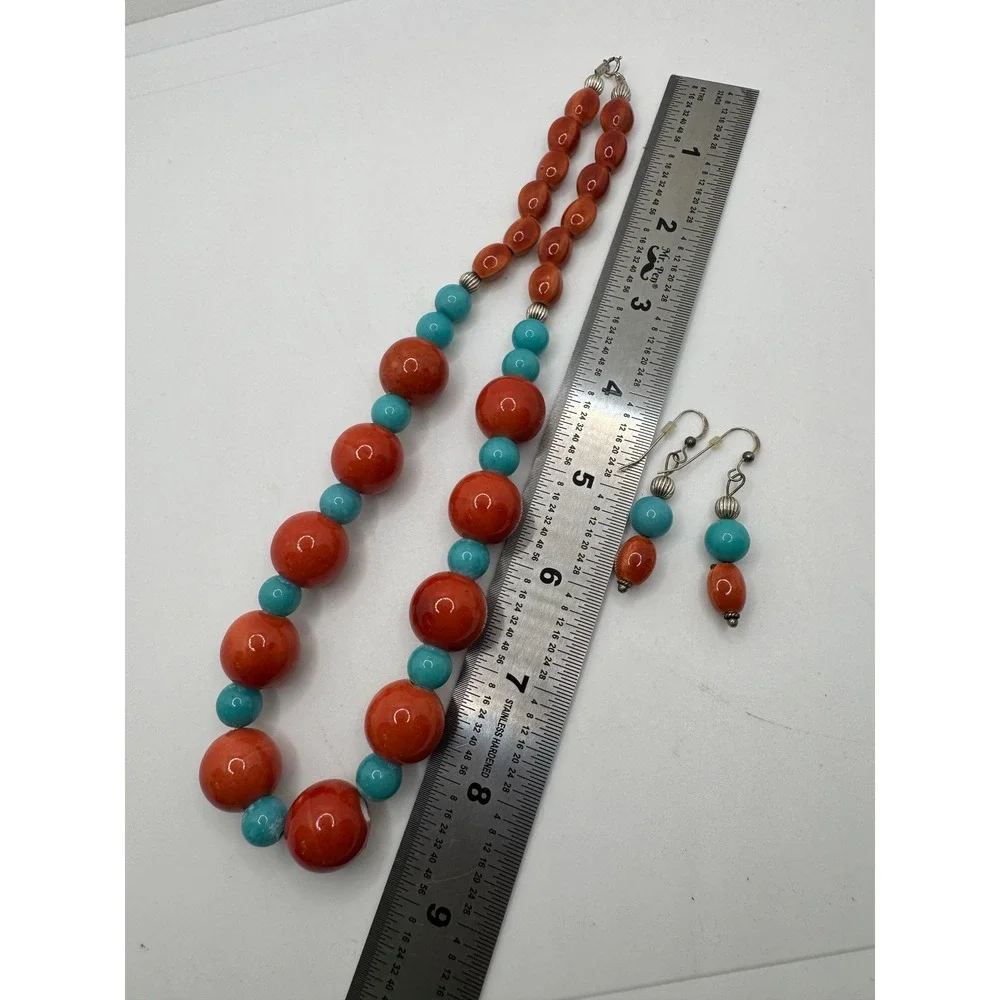 Southwestern Beaded Necklace and Earring Set Orange Turquoise Statement 18in